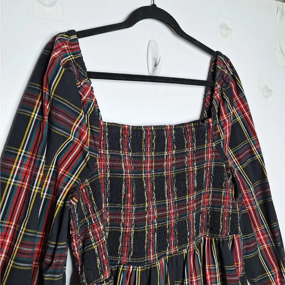J. Crew Tartan Plaid Midi Dress Smocked Cotton Cottagecore XXL 2X Academia